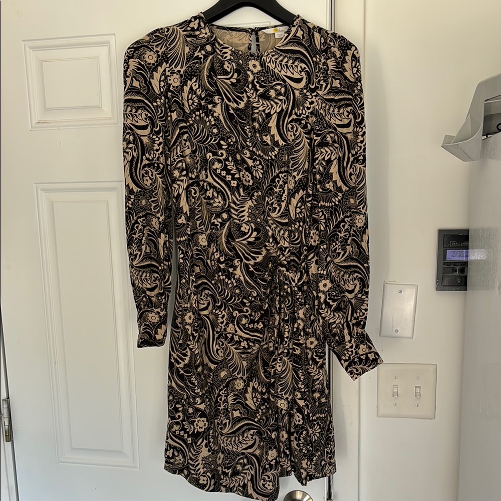 Boden Black and Cream Mini Sheath Dress with Long Bishop Sleeves for Casual Work